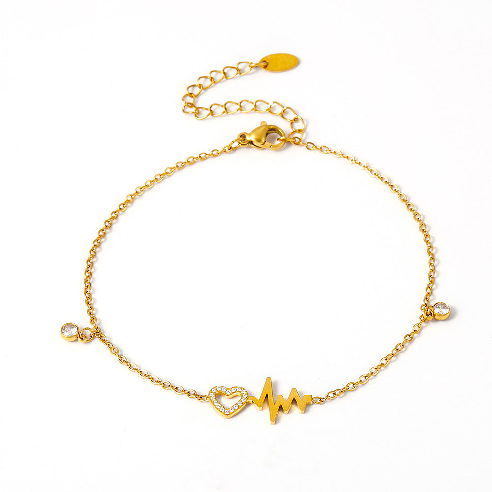 316L Stainless Steel 18K Gold PVD Zircon Inlaid Heartbeat Minimalist Anklet - Gold, Zircon, Heartbeat, Minimalist, Dainty Wholesale Stainless Steel Jewelry - Sensitive Skin Friendly - Detail 1
