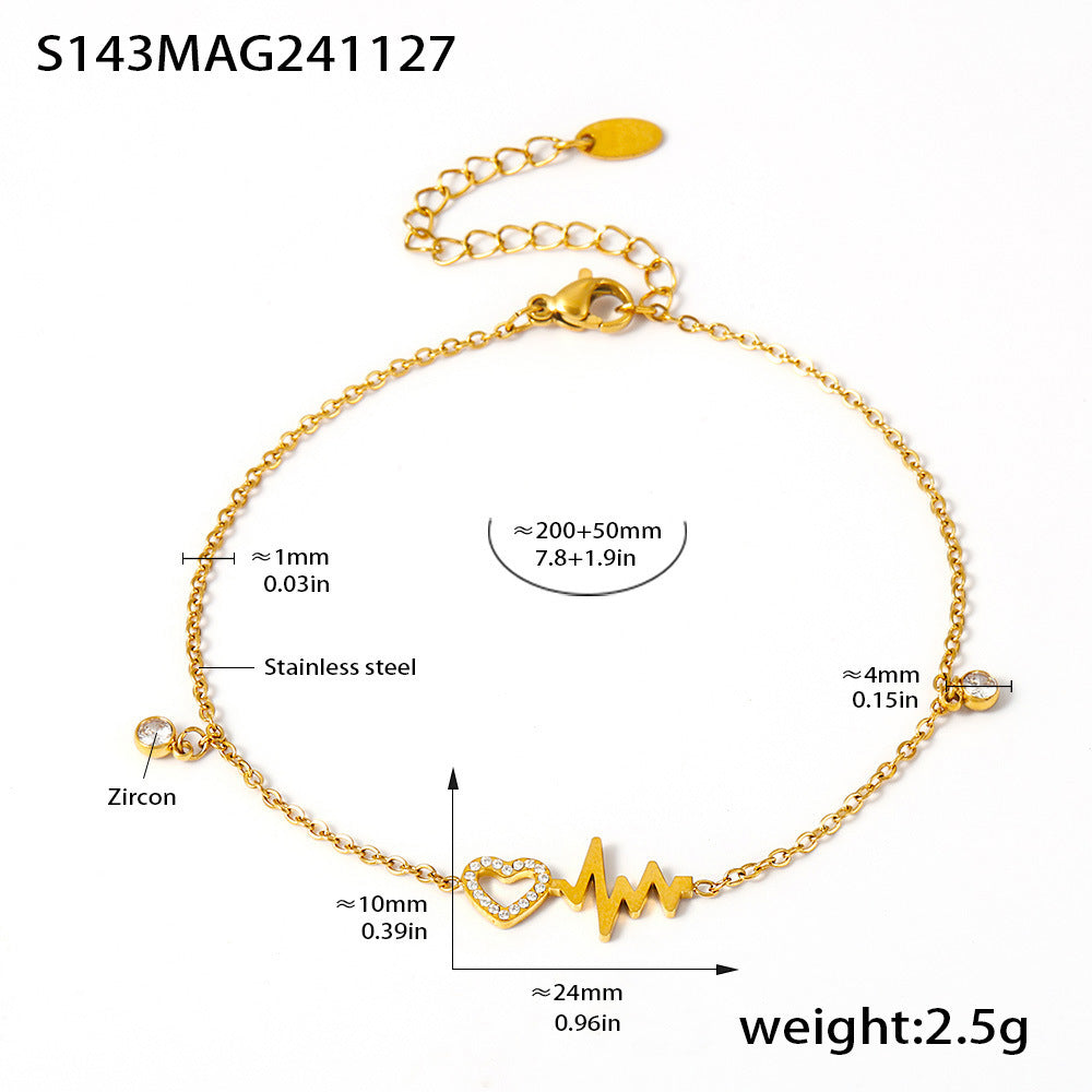316L Stainless Steel 18K Gold PVD Zircon Inlaid Heartbeat Minimalist Anklet - Gold, Zircon, Heartbeat, Minimalist, Dainty Wholesale Stainless Steel Jewelry - Sensitive Skin Friendly - Detail 3