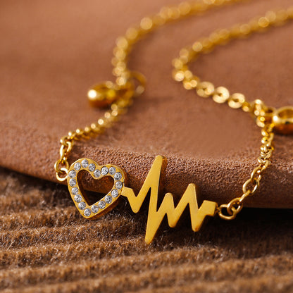 316L Stainless Steel 18K Gold PVD Zircon Inlaid Heartbeat Minimalist Anklet - Gold, Zircon, Heartbeat, Minimalist, Dainty Wholesale Stainless Steel Jewelry - Sensitive Skin Friendly - Detail 5