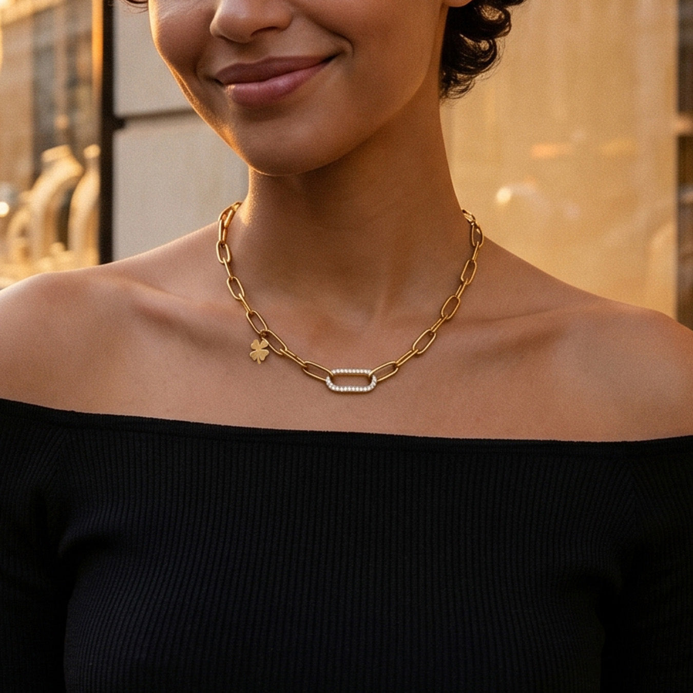 316L Stainless Steel 18K Gold PVD Zircon Lock Necklace Necklace - Vintage Gold Band Zircon Wholesale Stainless Steel Jewelry - Sensitive Skin Friendly - Detail 5