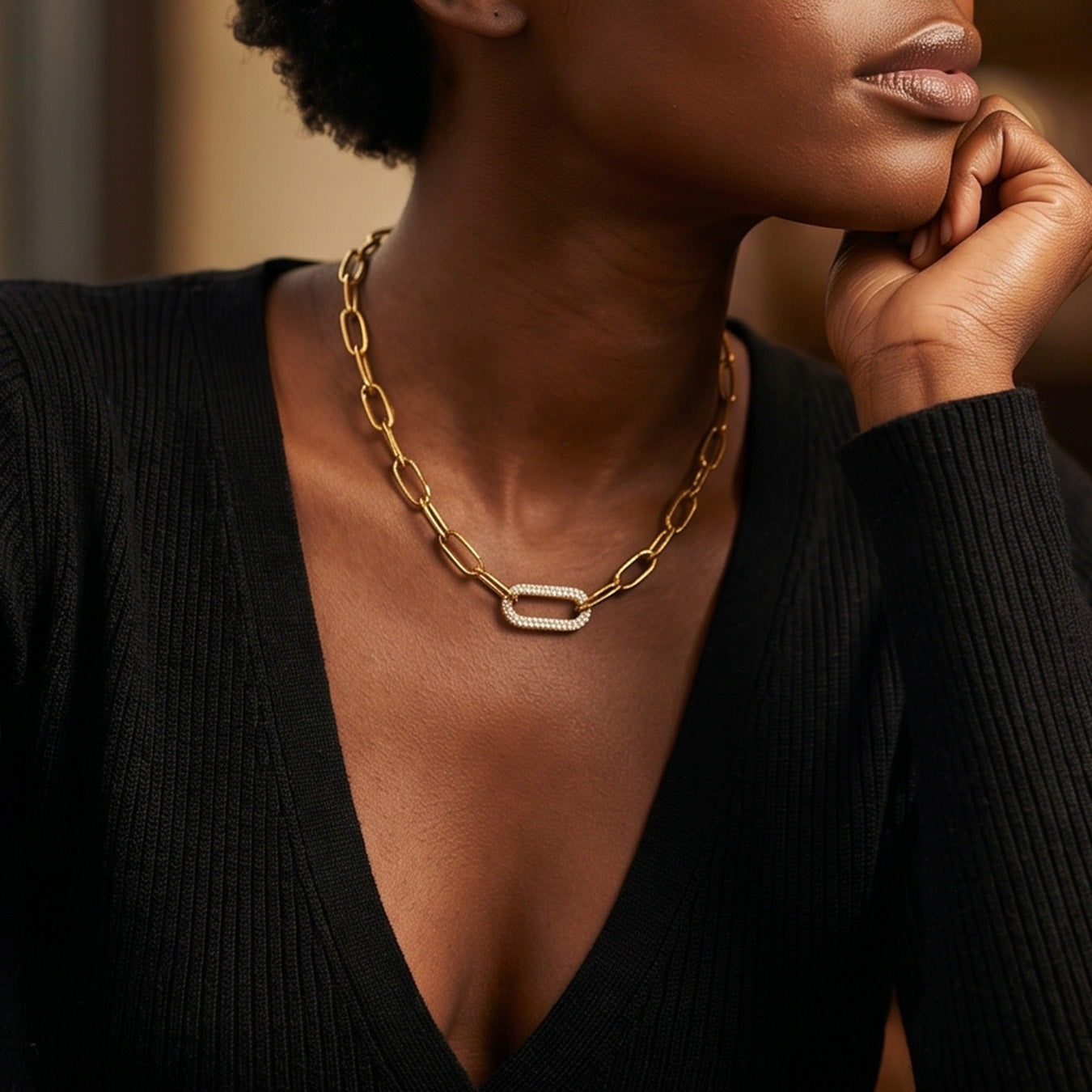 316L Stainless Steel 18K Gold PVD Zircon Lock Necklace Necklace - Vintage Gold Band Zircon Wholesale Stainless Steel Jewelry - Sensitive Skin Friendly - Detail 8