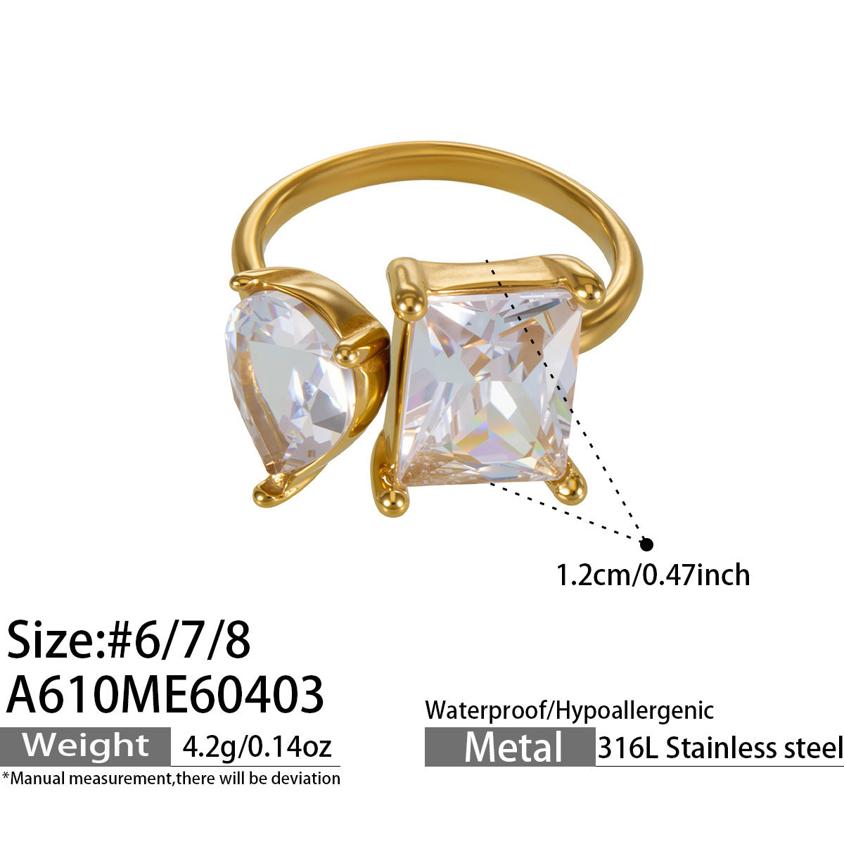 316L Stainless Steel 18K Gold PVD Zircon Open Ring - Open Zircon Band Minimalist Gold Wholesale Stainless Steel Jewelry - Sensitive Skin Friendly - Detail 5