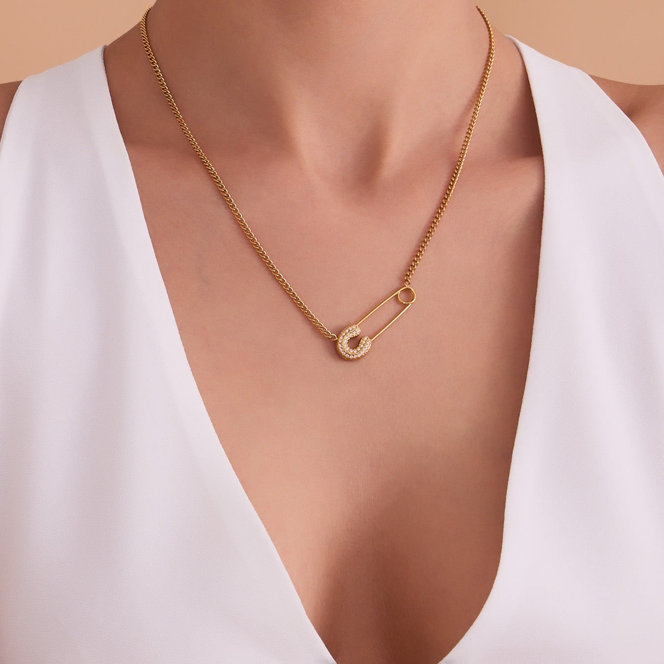 316L Stainless Steel 18K Gold PVD Zircon Paperclip Necklace - Gold Zircon Paperclip Necklace Minimalist Modern Wholesale Stainless Steel Jewelry - Sensitive Skin Friendly - Detail 12