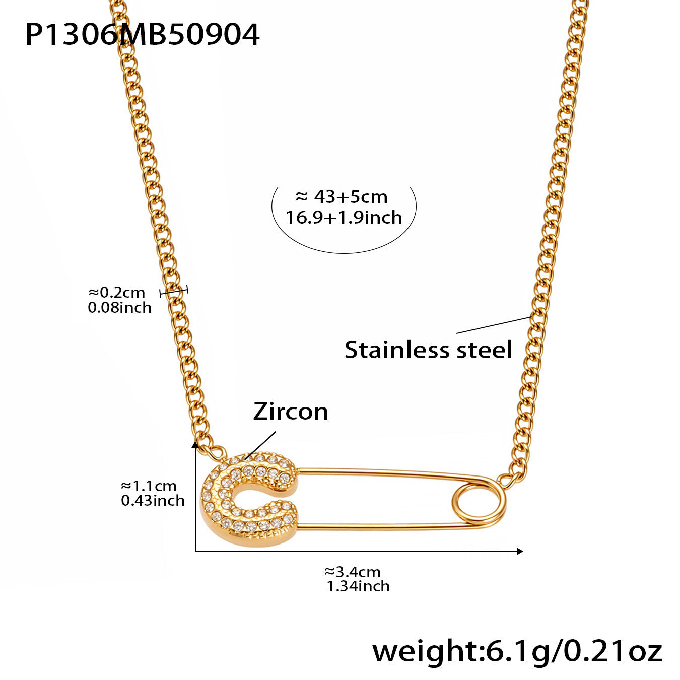 316L Stainless Steel 18K Gold PVD Zircon Paperclip Necklace - Gold Zircon Paperclip Necklace Minimalist Modern Wholesale Stainless Steel Jewelry - Sensitive Skin Friendly - Detail 15