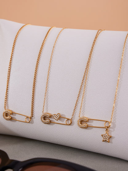 316L Stainless Steel 18K Gold PVD Zircon Paperclip Necklace - Gold Zircon Paperclip Necklace Minimalist Modern Wholesale Stainless Steel Jewelry - Sensitive Skin Friendly - Detail 18