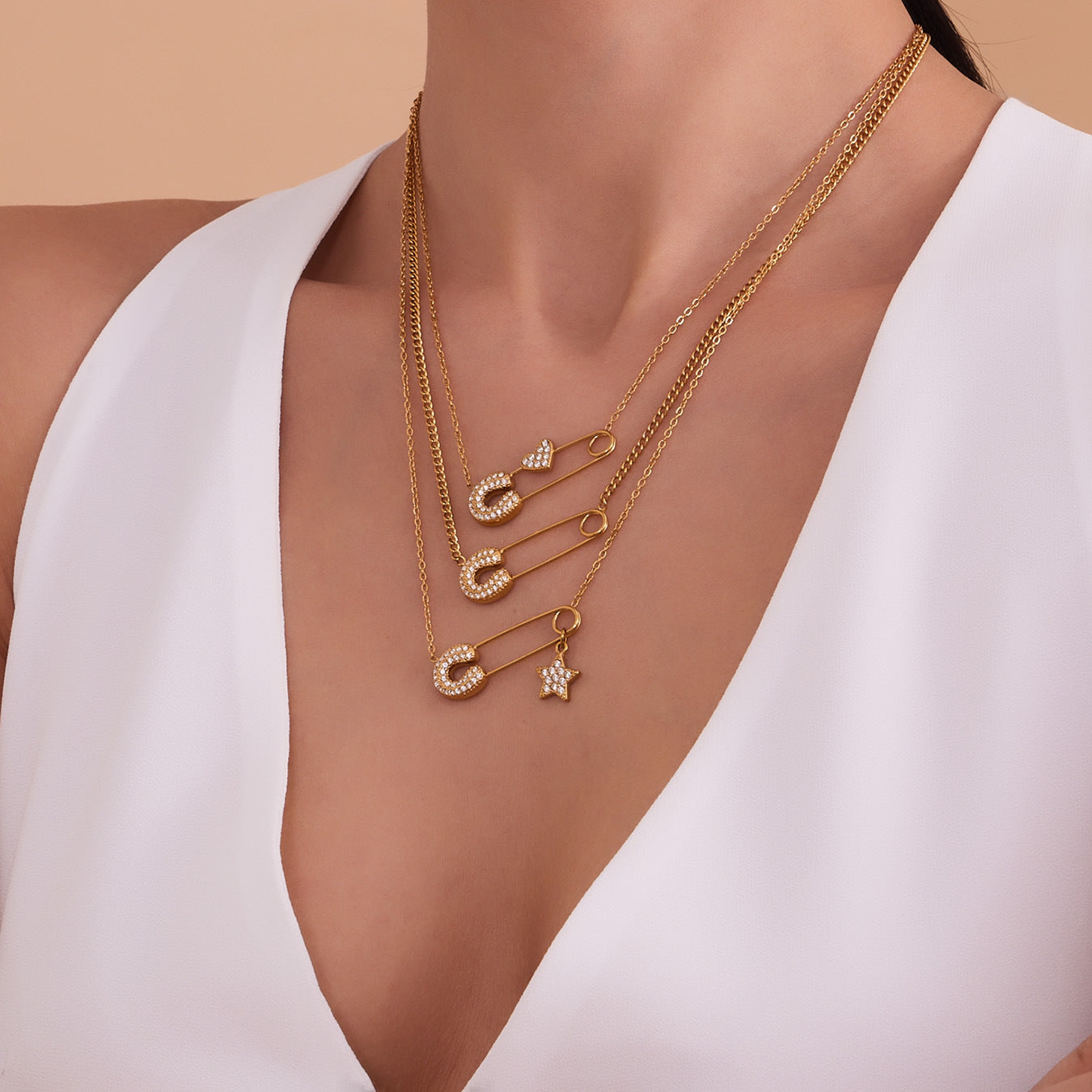 316L Stainless Steel 18K Gold PVD Zircon Paperclip Necklace - Gold Zircon Paperclip Necklace Minimalist Modern Wholesale Stainless Steel Jewelry - Sensitive Skin Friendly - Detail 19