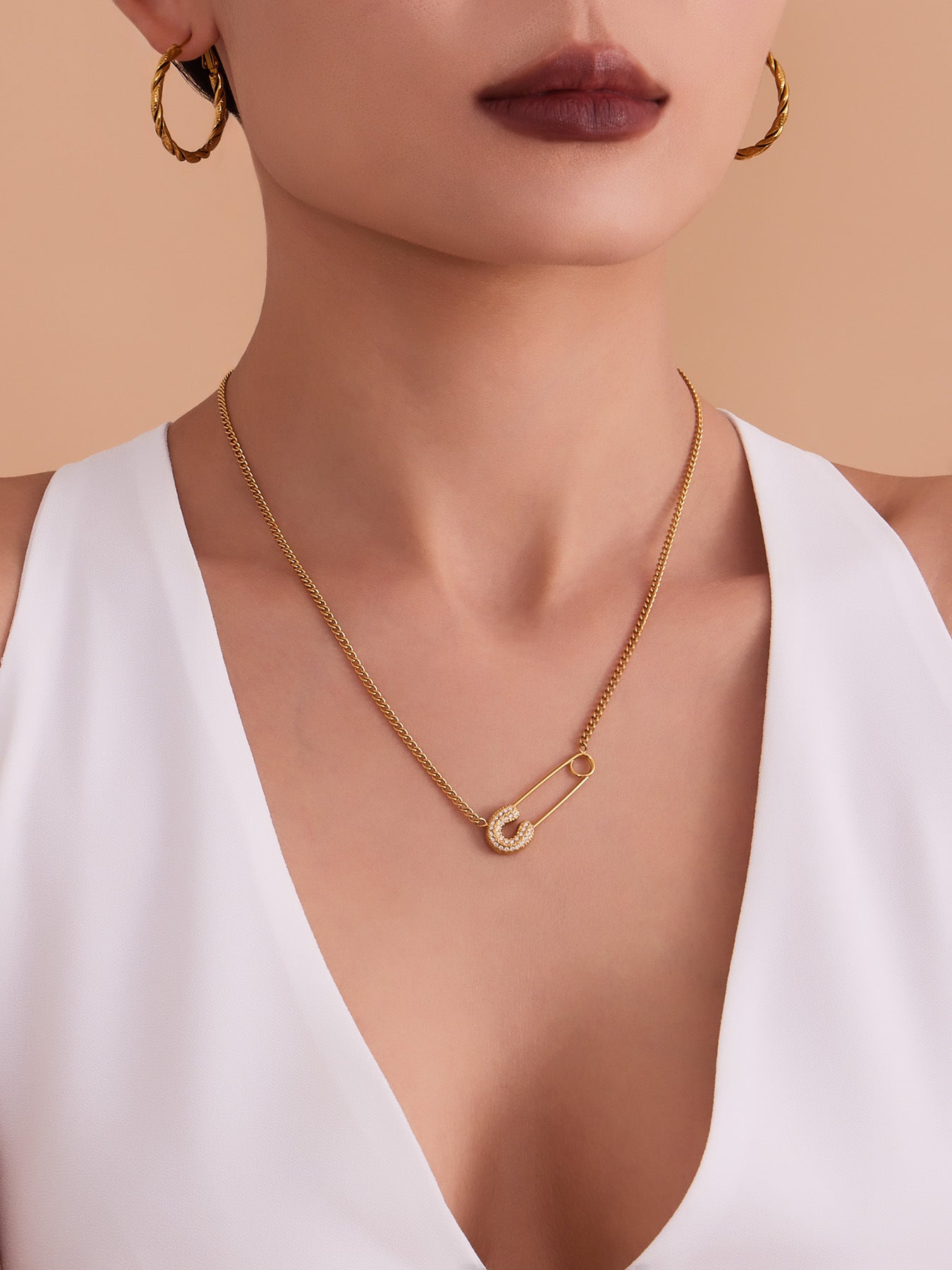316L Stainless Steel 18K Gold PVD Zircon Paperclip Necklace - Gold Zircon Paperclip Necklace Minimalist Modern Wholesale Stainless Steel Jewelry - Sensitive Skin Friendly - Detail 8