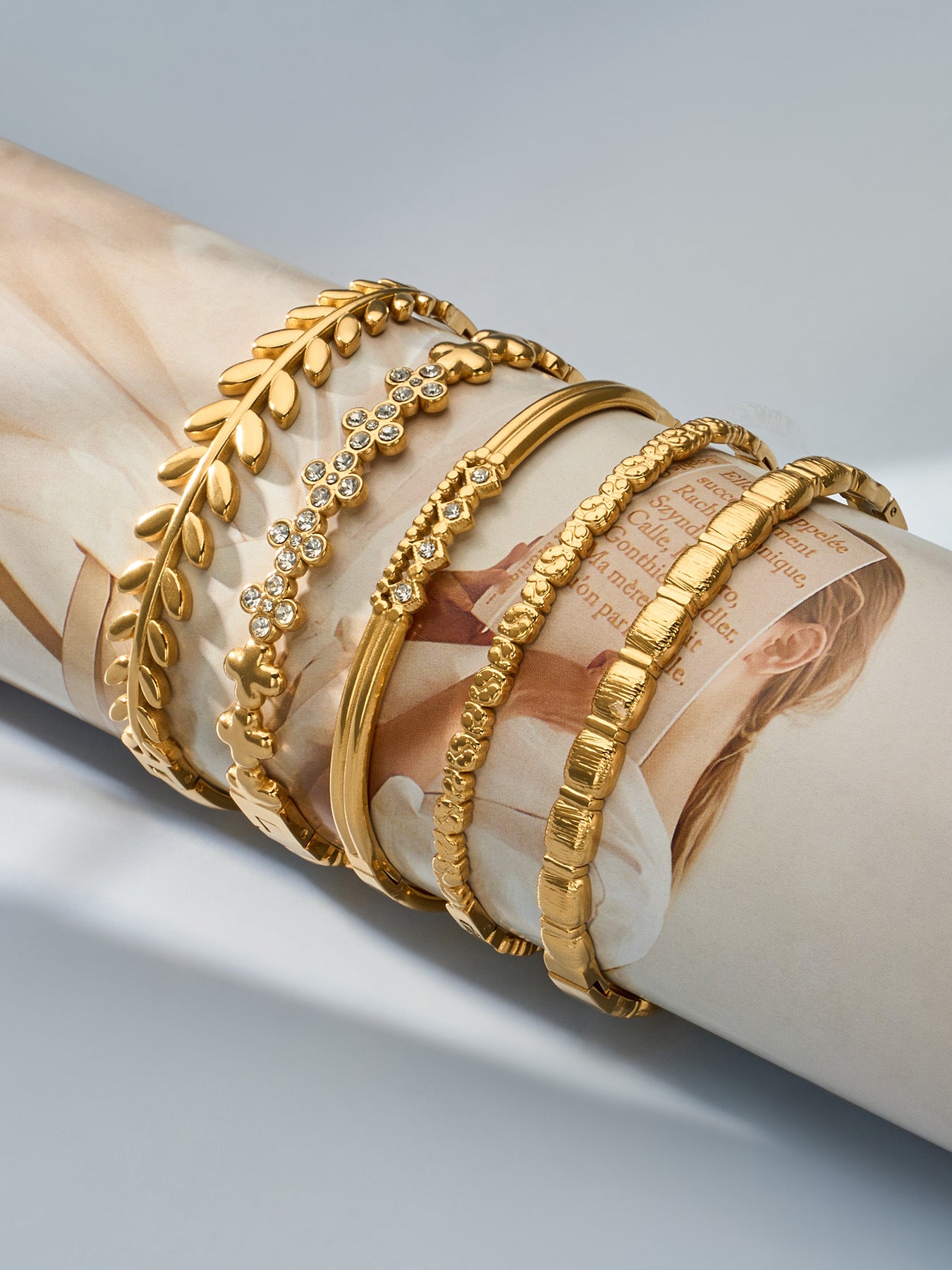 316L Stainless Steel 18K Gold PVD Zircon Pave Bamboo Texture Bangle - Light Luxury Zircon Pave Bamboo Texture Versatile Wholesale Stainless Steel Jewelry - Sensitive Skin Friendly - Detail 14