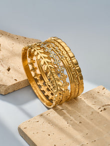 316L Stainless Steel 18K Gold PVD Zircon Pave Bamboo Texture Bangle - Light Luxury Zircon Pave Bamboo Texture Versatile Wholesale Stainless Steel Jewelry - Sensitive Skin Friendly - Detail 2
