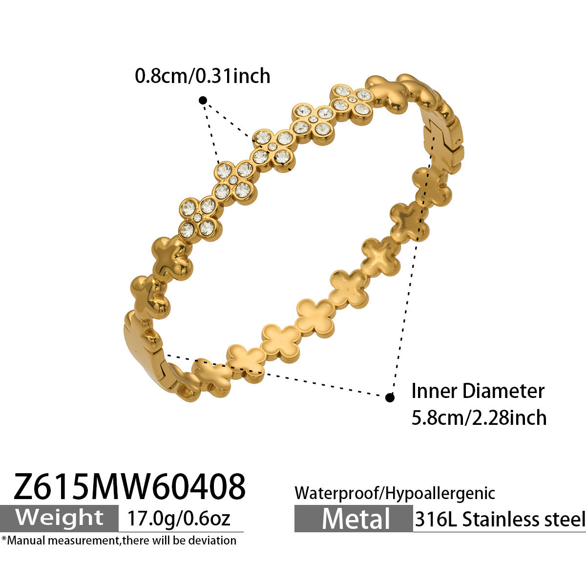 316L Stainless Steel 18K Gold PVD Zircon Pave Bamboo Texture Bangle - Light Luxury Zircon Pave Bamboo Texture Versatile Wholesale Stainless Steel Jewelry - Sensitive Skin Friendly - Detail 22