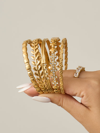 316L Stainless Steel 18K Gold PVD Zircon Pave Bamboo Texture Bangle - Light Luxury Zircon Pave Bamboo Texture Versatile Wholesale Stainless Steel Jewelry - Sensitive Skin Friendly - Detail 3