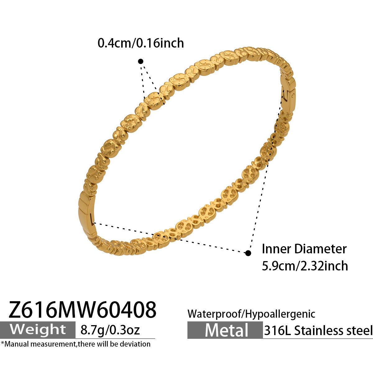 316L Stainless Steel 18K Gold PVD Zircon Pave Bamboo Texture Bangle - Light Luxury Zircon Pave Bamboo Texture Versatile Wholesale Stainless Steel Jewelry - Sensitive Skin Friendly - Detail 4