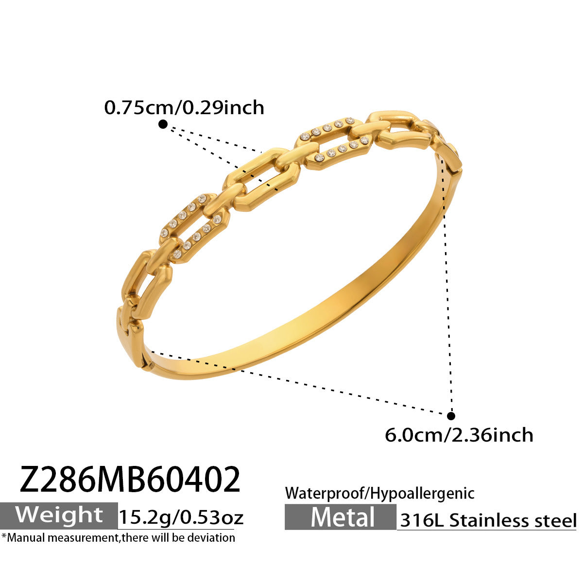 316L Stainless Steel 18K Gold PVD Zircon Pig Nose Chain Link Bangle - Zircon, Pig Nose Chain Link, Modern, Luxury, Bangle Wholesale Stainless Steel Jewelry - Sensitive Skin Friendly - Detail 13