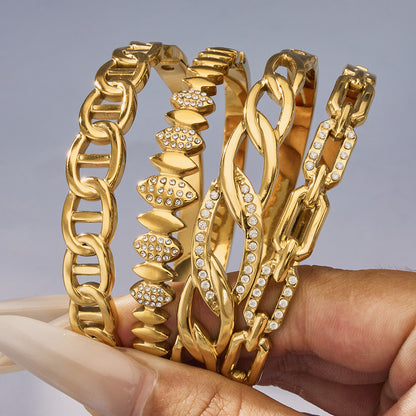 316L Stainless Steel 18K Gold PVD Zircon Pig Nose Chain Link Bangle - Zircon, Pig Nose Chain Link, Modern, Luxury, Bangle Wholesale Stainless Steel Jewelry - Sensitive Skin Friendly - Detail 16