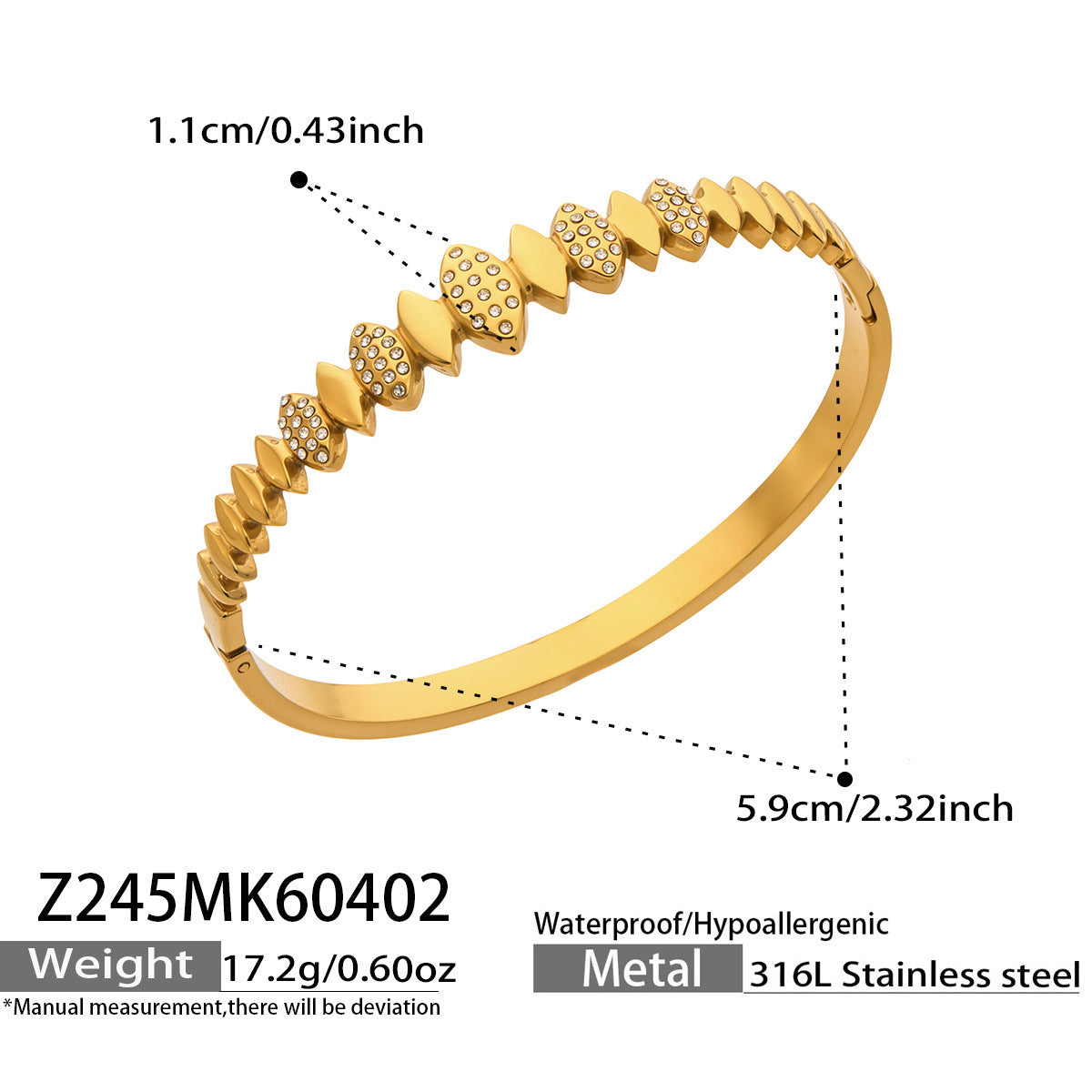 316L Stainless Steel 18K Gold PVD Zircon Pig Nose Chain Link Bangle - Zircon, Pig Nose Chain Link, Modern, Luxury, Bangle Wholesale Stainless Steel Jewelry - Sensitive Skin Friendly - Detail 17