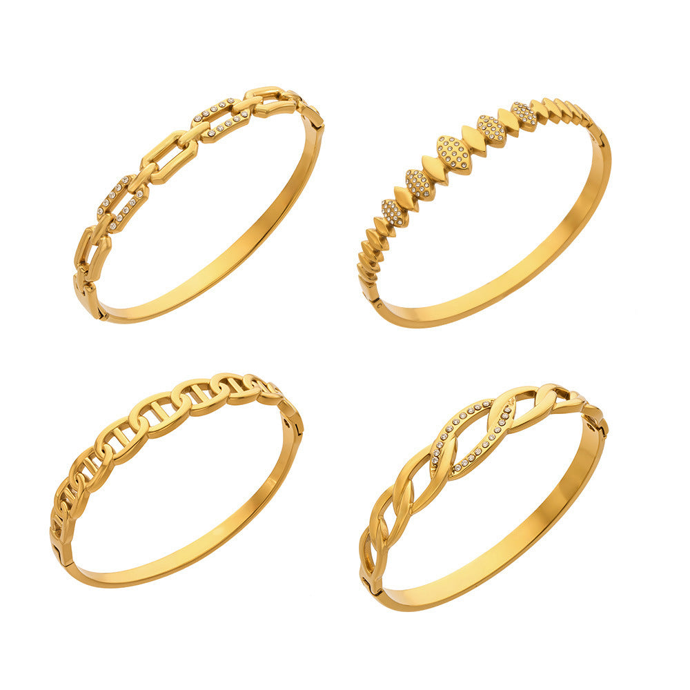 316L Stainless Steel 18K Gold PVD Zircon Pig Nose Chain Link Bangle - Zircon, Pig Nose Chain Link, Modern, Luxury, Bangle Wholesale Stainless Steel Jewelry - Sensitive Skin Friendly - Detail 18