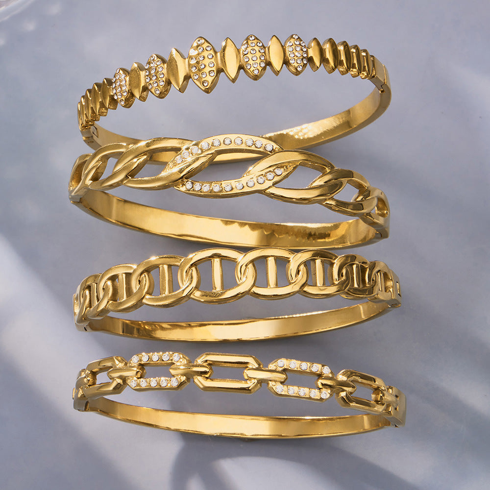 316L Stainless Steel 18K Gold PVD Zircon Pig Nose Chain Link Bangle - Zircon, Pig Nose Chain Link, Modern, Luxury, Bangle Wholesale Stainless Steel Jewelry - Sensitive Skin Friendly - Detail 6
