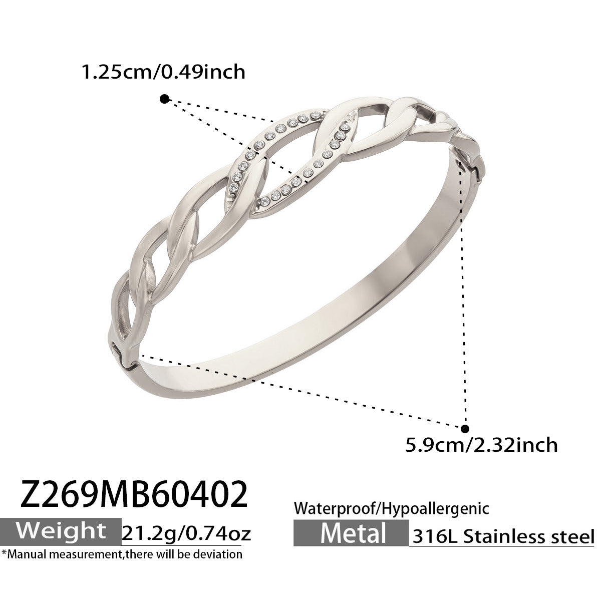 316L Stainless Steel 18K Gold PVD Zircon Pig Nose Chain Link Bangle - Zircon, Pig Nose Chain Link, Modern, Luxury, Bangle Wholesale Stainless Steel Jewelry - Sensitive Skin Friendly - Detail 7