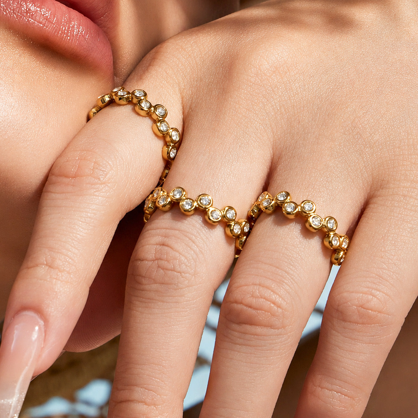 316L Stainless Steel 18K Gold PVD Zircon Set Ring and Earrings - Elegant Golden Zircon Set Wholesale Stainless Steel Jewelry - Sensitive Skin Friendly - Detail 13