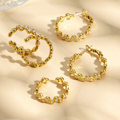 316L Stainless Steel 18K Gold PVD Zircon Set Ring and Earrings - Elegant Golden Zircon Set Wholesale Stainless Steel Jewelry - Sensitive Skin Friendly - Detail 3