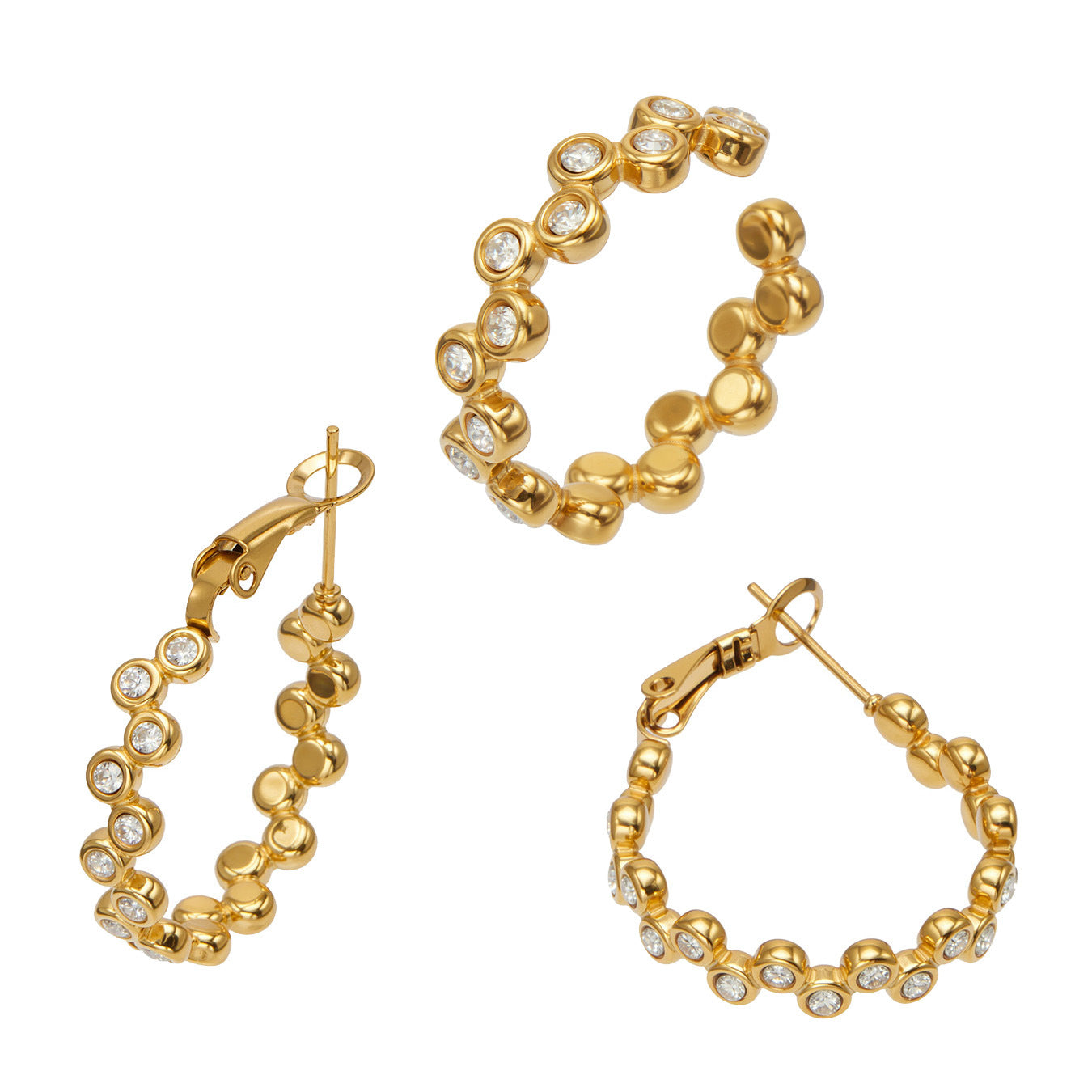 316L Stainless Steel 18K Gold PVD Zircon Set Ring and Earrings - Elegant Golden Zircon Set Wholesale Stainless Steel Jewelry - Sensitive Skin Friendly - Detail 4