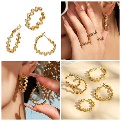 316L Stainless Steel 18K Gold PVD Zircon Set Ring and Earrings - Elegant Golden Zircon Set Wholesale Stainless Steel Jewelry - Sensitive Skin Friendly - Detail 9