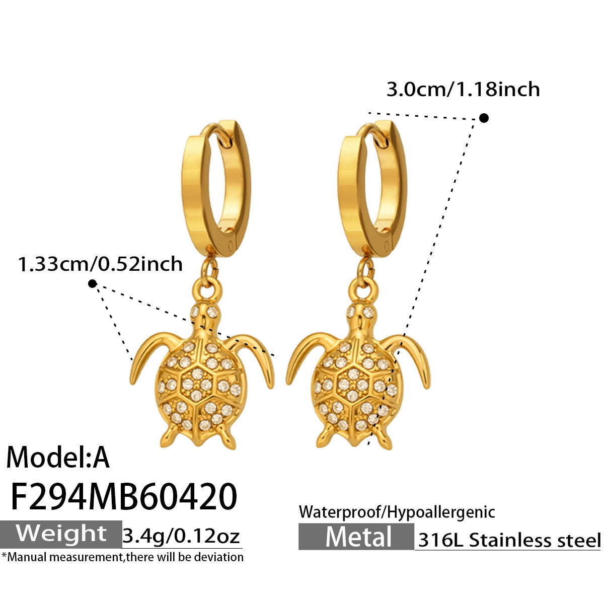 316L Stainless Steel 18K Gold PVD Zircon Turtle Dangle Earrings - Sparkling Zircon, Turtle Pendant, Dangle Earrings, Delicate Wholesale Stainless Steel Jewelry - Sensitive Skin Friendly - Detail 1