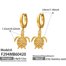 316L Stainless Steel 18K Gold PVD Zircon Turtle Dangle Earrings - Sparkling Zircon, Turtle Pendant, Dangle Earrings, Delicate Wholesale Stainless Steel Jewelry - Sensitive Skin Friendly - Detail 1