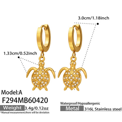 316L Stainless Steel 18K Gold PVD Zircon Turtle Dangle Earrings - Sparkling Zircon, Turtle Pendant, Dangle Earrings, Delicate Wholesale Stainless Steel Jewelry - Sensitive Skin Friendly - Detail 1