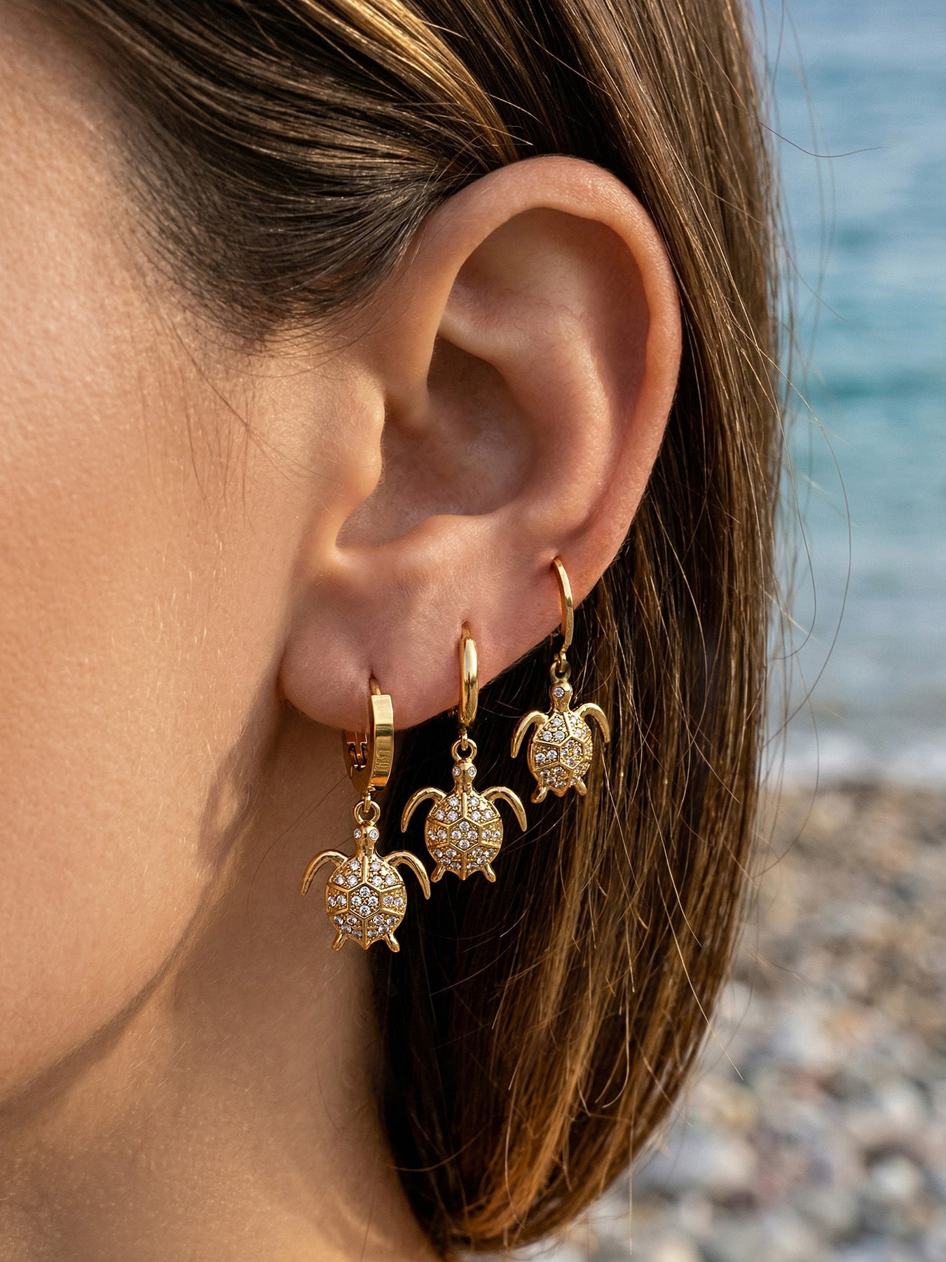 316L Stainless Steel 18K Gold PVD Zircon Turtle Dangle Earrings - Sparkling Zircon, Turtle Pendant, Dangle Earrings, Delicate Wholesale Stainless Steel Jewelry - Sensitive Skin Friendly - Detail 10