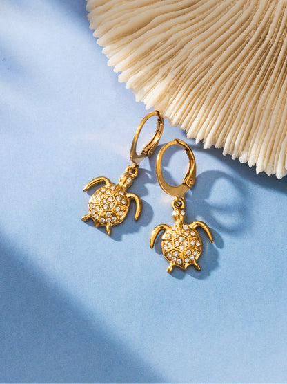 316L Stainless Steel 18K Gold PVD Zircon Turtle Dangle Earrings - Sparkling Zircon, Turtle Pendant, Dangle Earrings, Delicate Wholesale Stainless Steel Jewelry - Sensitive Skin Friendly - Detail 13