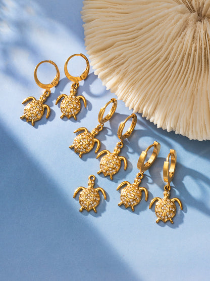 316L Stainless Steel 18K Gold PVD Zircon Turtle Dangle Earrings - Sparkling Zircon, Turtle Pendant, Dangle Earrings, Delicate Wholesale Stainless Steel Jewelry - Sensitive Skin Friendly - Detail 14