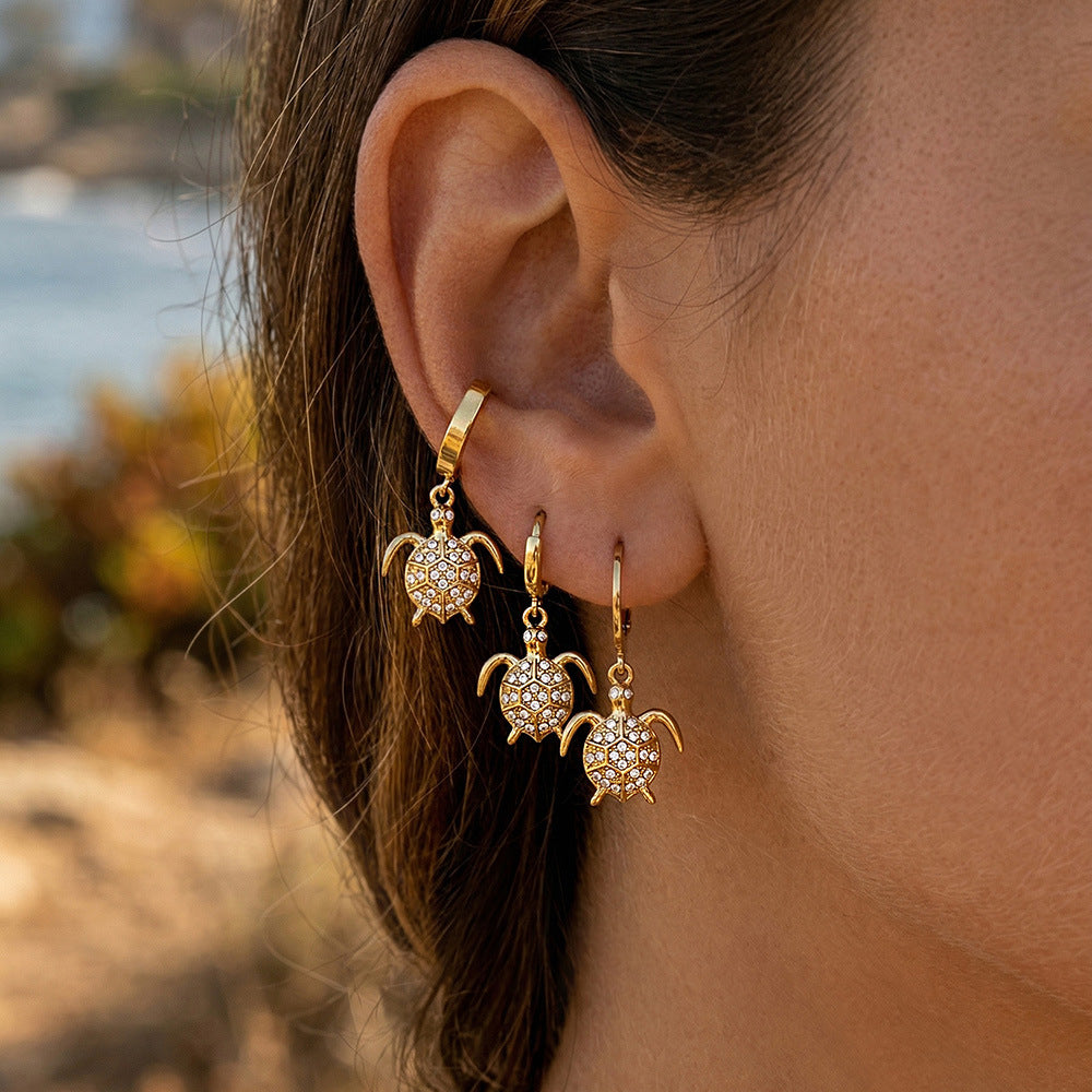 316L Stainless Steel 18K Gold PVD Zircon Turtle Dangle Earrings - Sparkling Zircon, Turtle Pendant, Dangle Earrings, Delicate Wholesale Stainless Steel Jewelry - Sensitive Skin Friendly - Detail 16