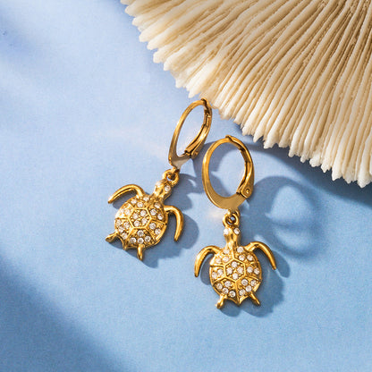 316L Stainless Steel 18K Gold PVD Zircon Turtle Dangle Earrings - Sparkling Zircon, Turtle Pendant, Dangle Earrings, Delicate Wholesale Stainless Steel Jewelry - Sensitive Skin Friendly - Detail 17