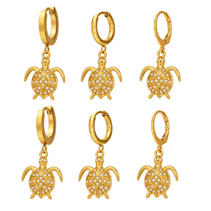 316L Stainless Steel 18K Gold PVD Zircon Turtle Dangle Earrings - Sparkling Zircon, Turtle Pendant, Dangle Earrings, Delicate Wholesale Stainless Steel Jewelry - Sensitive Skin Friendly - Detail 18