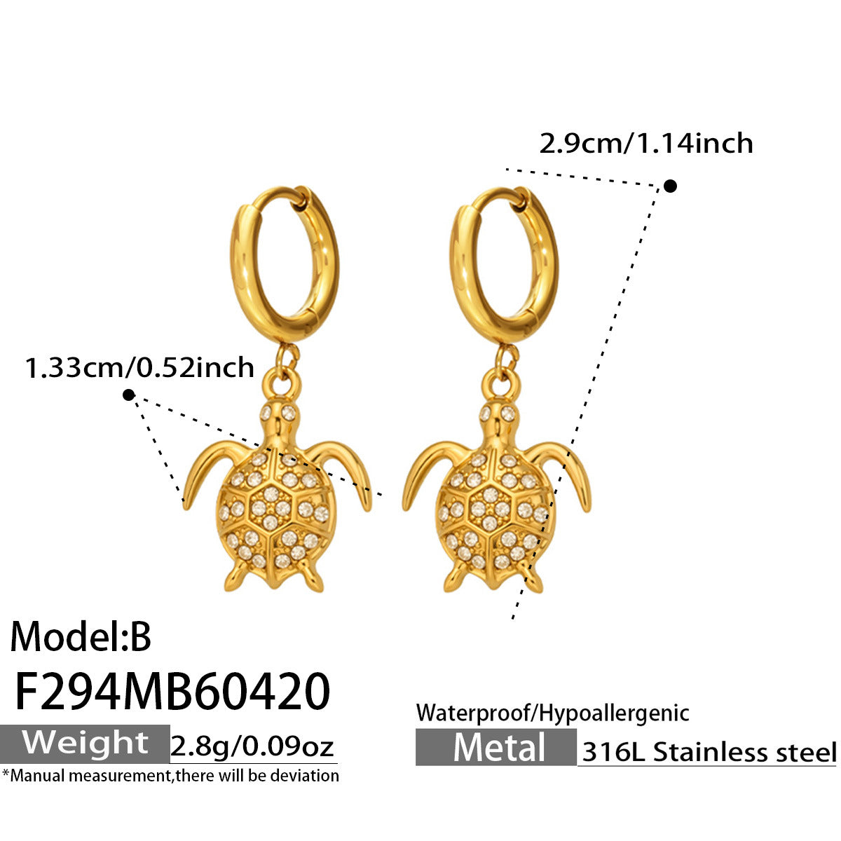 316L Stainless Steel 18K Gold PVD Zircon Turtle Dangle Earrings - Sparkling Zircon, Turtle Pendant, Dangle Earrings, Delicate Wholesale Stainless Steel Jewelry - Sensitive Skin Friendly - Detail 2
