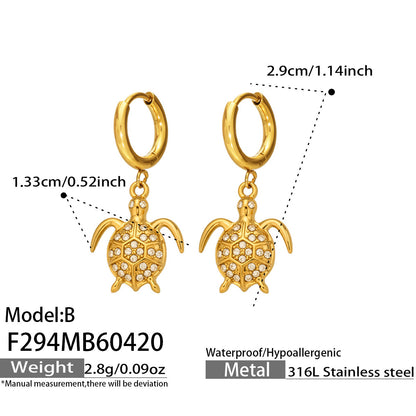 316L Stainless Steel 18K Gold PVD Zircon Turtle Dangle Earrings - Sparkling Zircon, Turtle Pendant, Dangle Earrings, Delicate Wholesale Stainless Steel Jewelry - Sensitive Skin Friendly - Detail 2