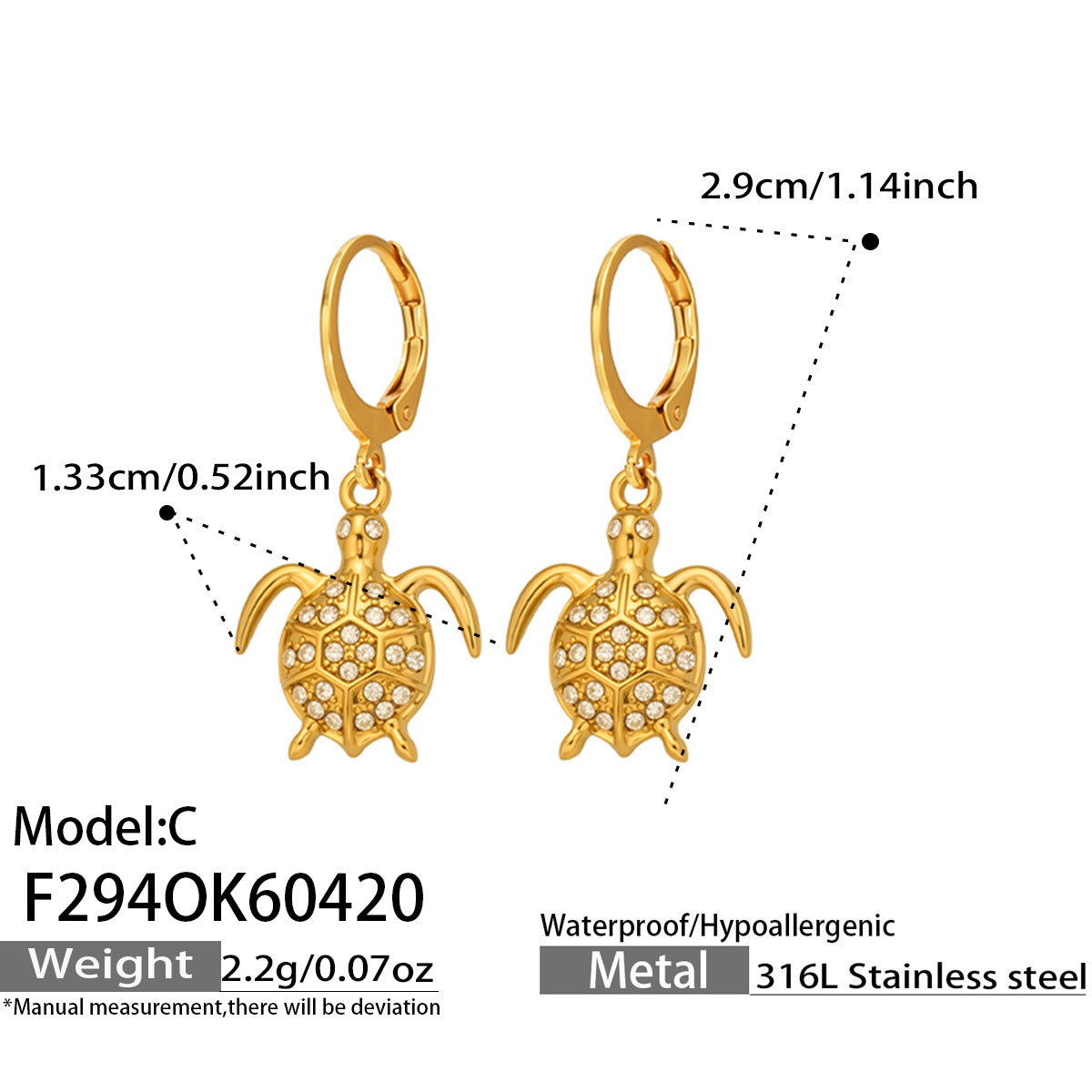 316L Stainless Steel 18K Gold PVD Zircon Turtle Dangle Earrings - Sparkling Zircon, Turtle Pendant, Dangle Earrings, Delicate Wholesale Stainless Steel Jewelry - Sensitive Skin Friendly - Detail 3