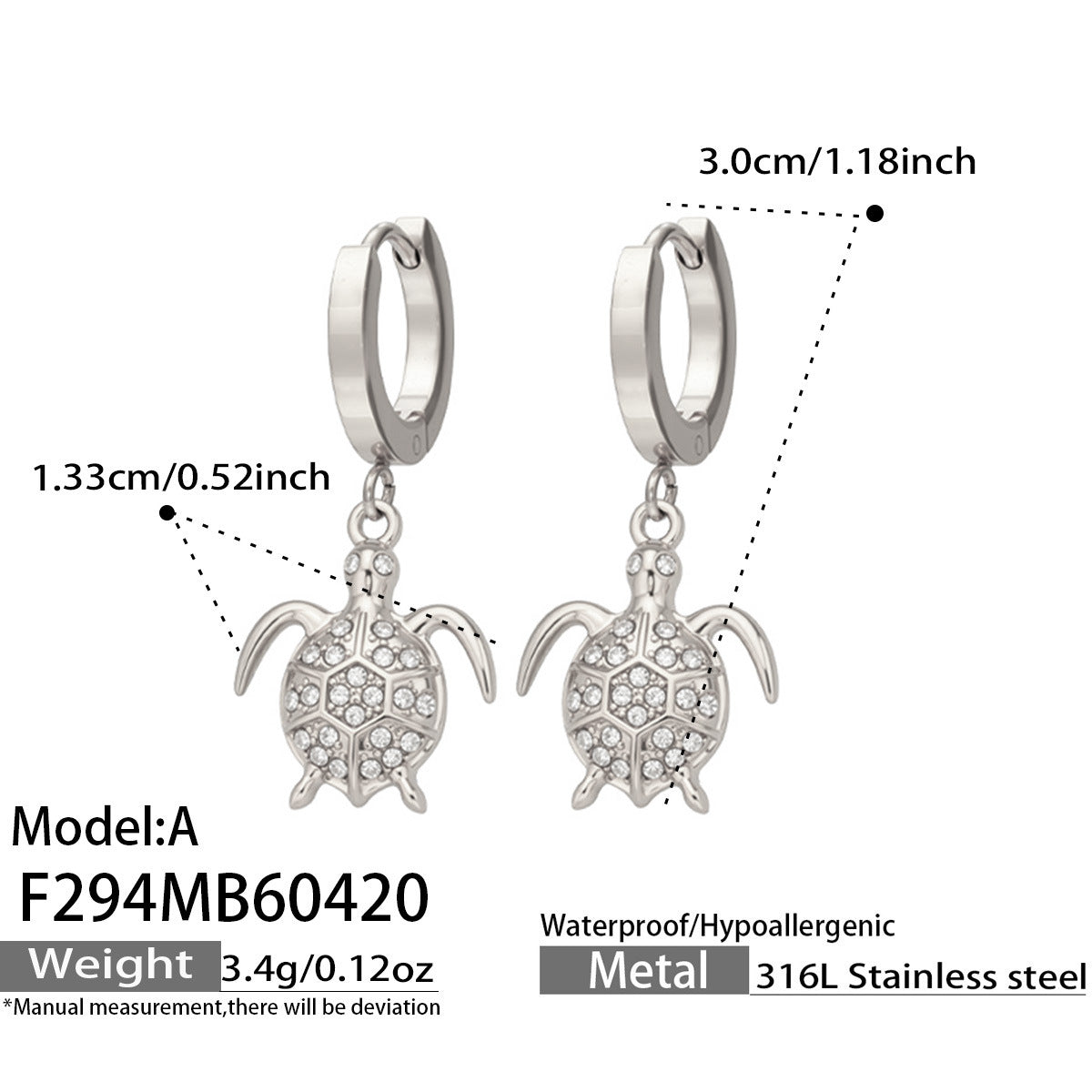 316L Stainless Steel 18K Gold PVD Zircon Turtle Dangle Earrings - Sparkling Zircon, Turtle Pendant, Dangle Earrings, Delicate Wholesale Stainless Steel Jewelry - Sensitive Skin Friendly - Detail 4