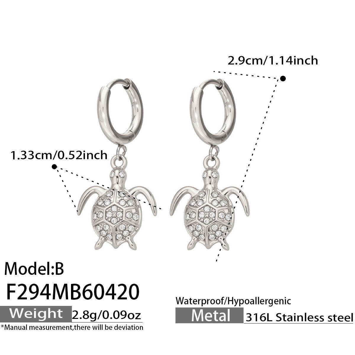 316L Stainless Steel 18K Gold PVD Zircon Turtle Dangle Earrings - Sparkling Zircon, Turtle Pendant, Dangle Earrings, Delicate Wholesale Stainless Steel Jewelry - Sensitive Skin Friendly - Detail 5