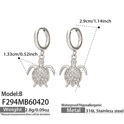 316L Stainless Steel 18K Gold PVD Zircon Turtle Dangle Earrings - Sparkling Zircon, Turtle Pendant, Dangle Earrings, Delicate Wholesale Stainless Steel Jewelry - Sensitive Skin Friendly - Detail 5