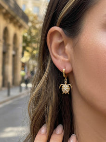 316L Stainless Steel 18K Gold PVD Zircon Turtle Dangle Earrings - Sparkling Zircon, Turtle Pendant, Dangle Earrings, Delicate Wholesale Stainless Steel Jewelry - Sensitive Skin Friendly - Detail 7