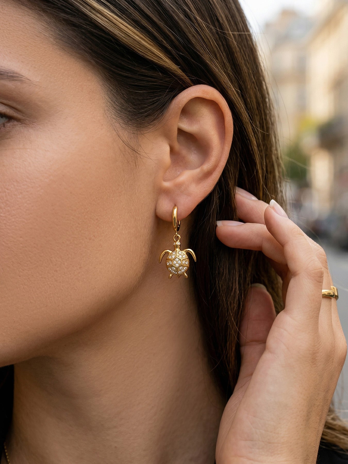 316L Stainless Steel 18K Gold PVD Zircon Turtle Dangle Earrings - Sparkling Zircon, Turtle Pendant, Dangle Earrings, Delicate Wholesale Stainless Steel Jewelry - Sensitive Skin Friendly - Detail 8