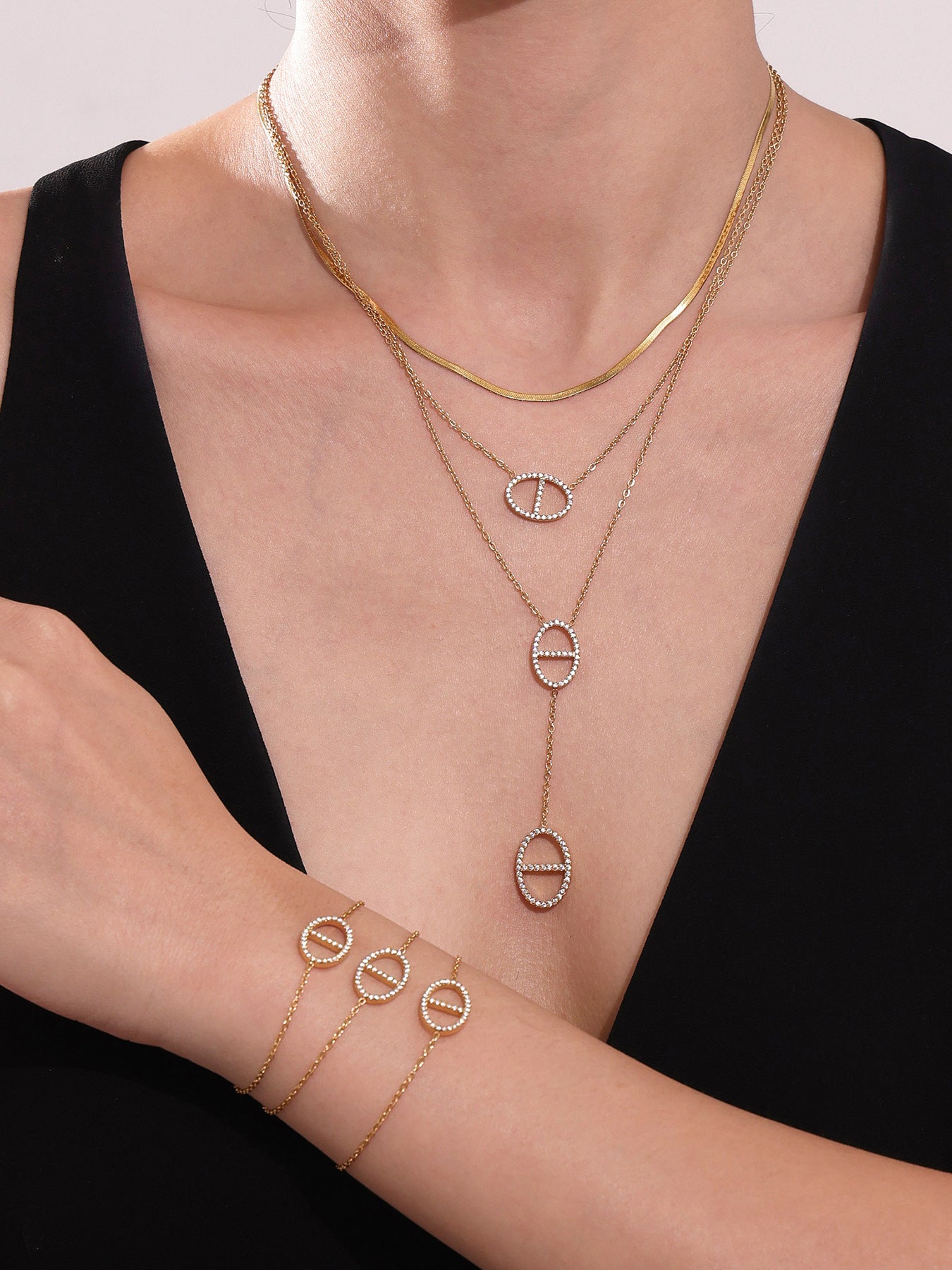 316L Stainless Steel 18K Gold PVD Zircon Y Drop Necklace Set - Modern Zircon Y Drop Necklace Set Wholesale Stainless Steel Jewelry - Sensitive Skin Friendly - Detail 10