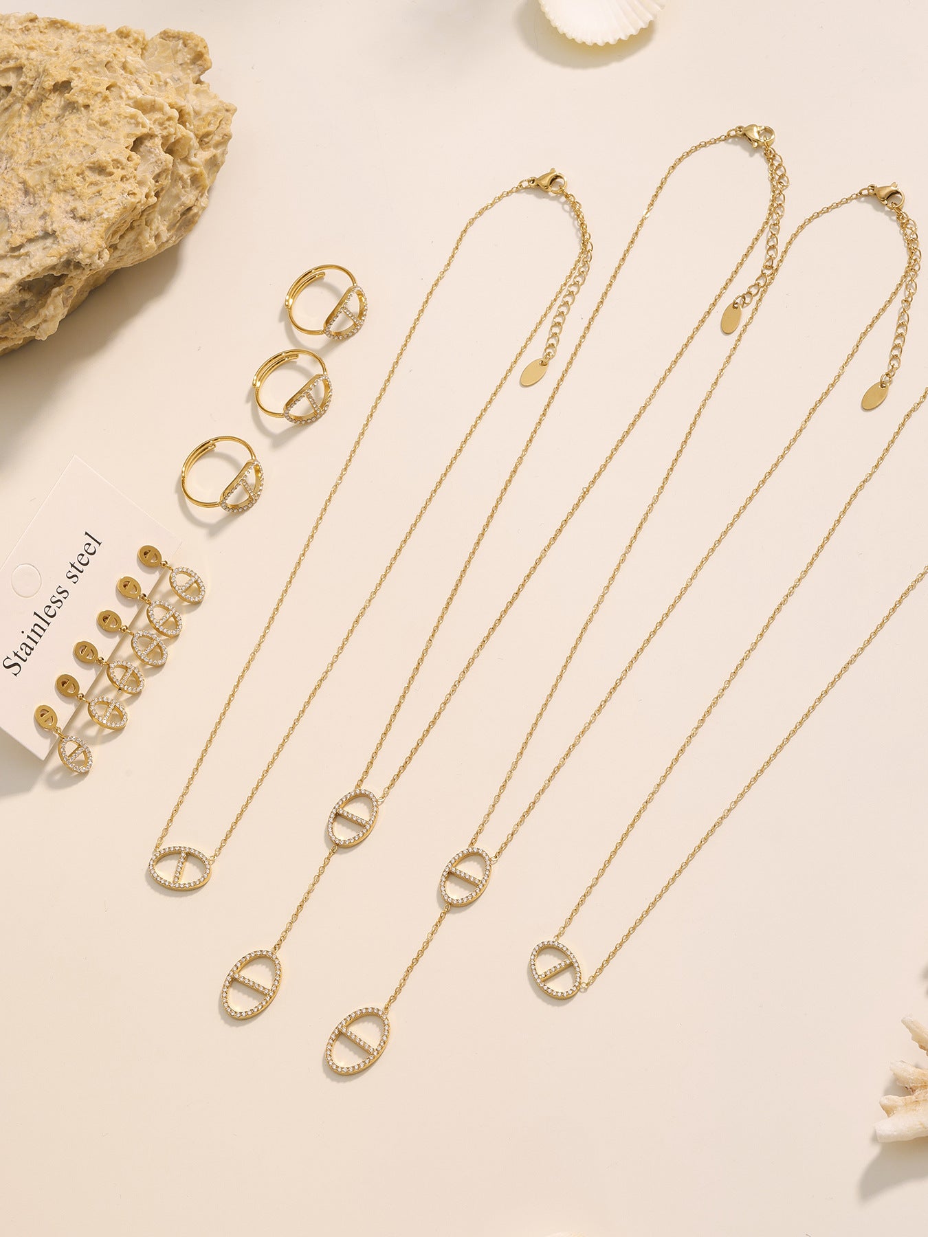 316L Stainless Steel 18K Gold PVD Zircon Y Drop Necklace Set - Modern Zircon Y Drop Necklace Set Wholesale Stainless Steel Jewelry - Sensitive Skin Friendly - Detail 14