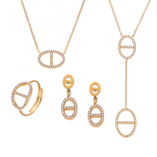 316L Stainless Steel 18K Gold PVD Zircon Y Drop Necklace Set - Modern Zircon Y Drop Necklace Set Wholesale Stainless Steel Jewelry - Sensitive Skin Friendly - Detail 5