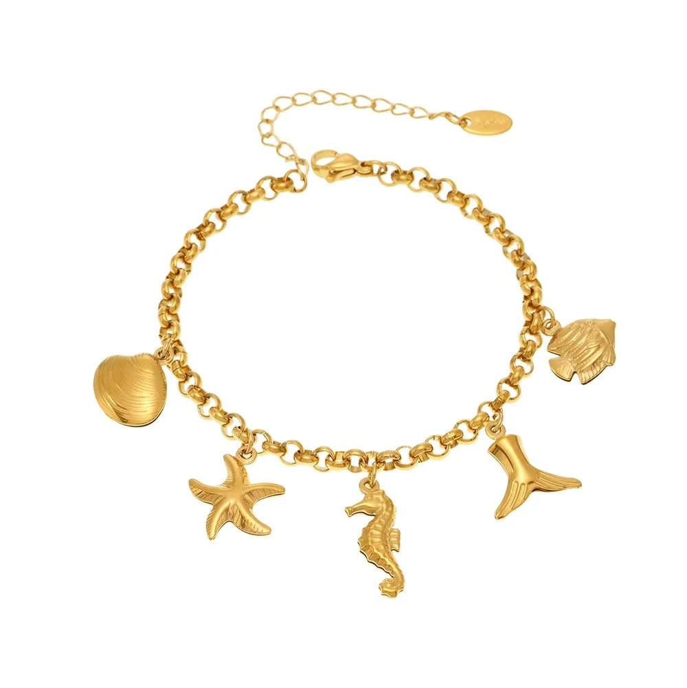 316L Stainless Steel 18K Gold Seahorse & Fishtail Ocean Charm Bracelet - Image 5