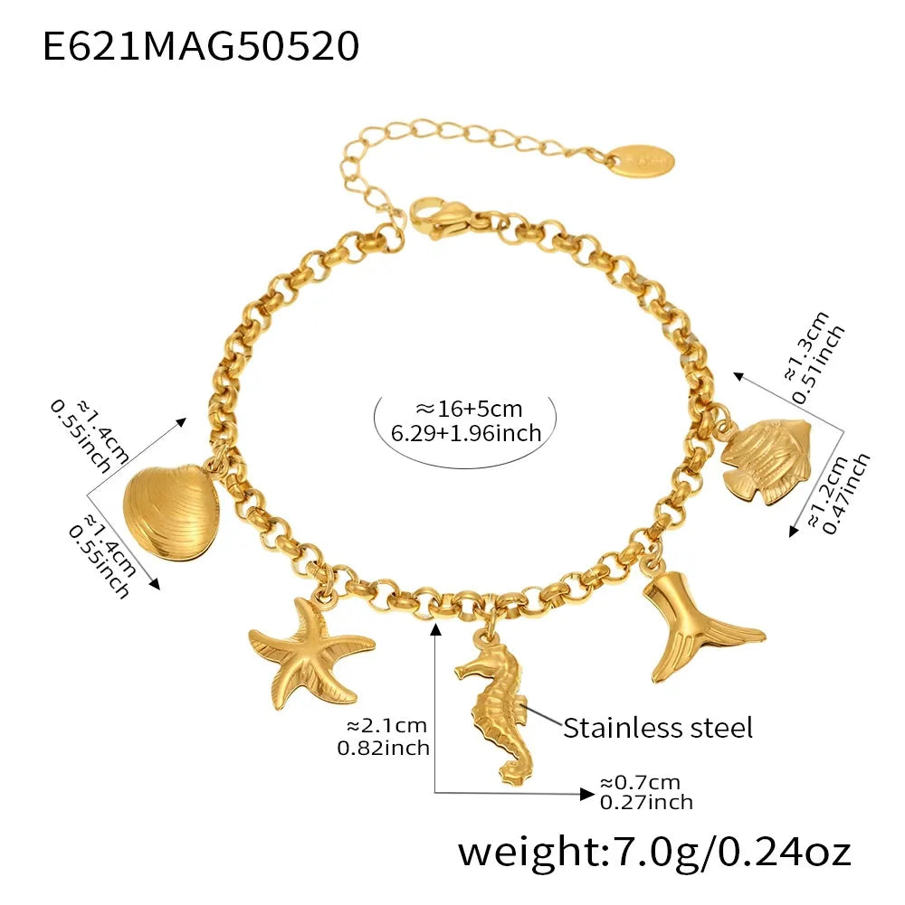 316L Stainless Steel 18K Gold Seahorse & Fishtail Ocean Charm Bracelet - Image 6