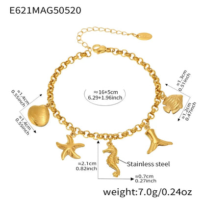 316L Stainless Steel 18K Gold Seahorse & Fishtail Ocean Charm Bracelet - Image 6
