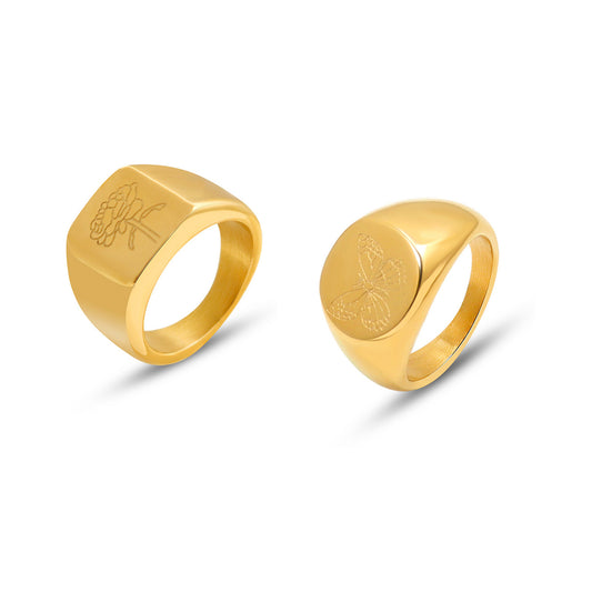 316L Stainless Steel Butterfly & Peony Engraved Signet Ring